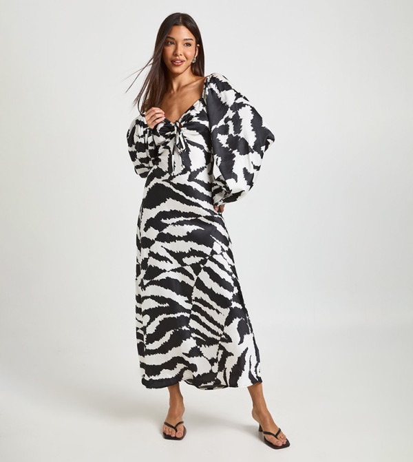 Mixed Animal Volume Sleeves Satin Midaxi Dress