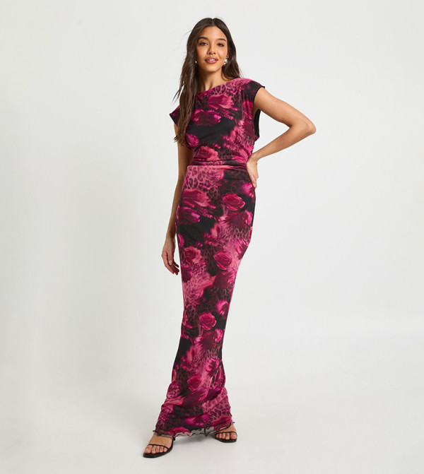 Mixed Floral Ruched Waist Mesh Maxi Dress
