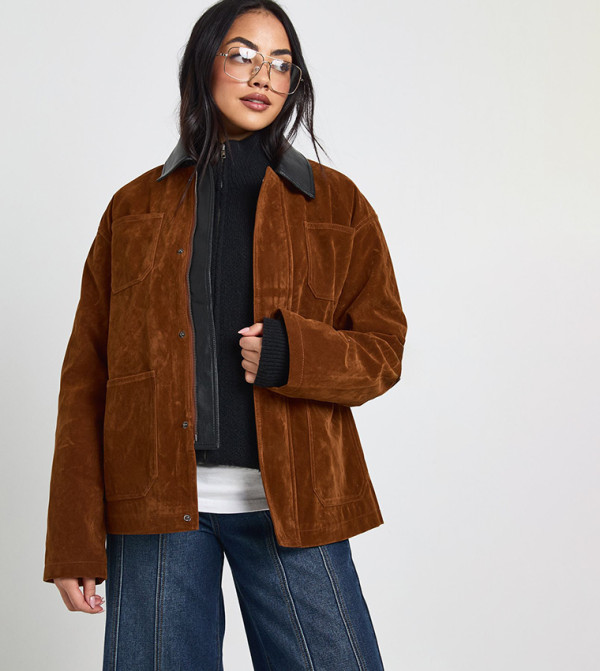 Solid Boxy Suede Bomber Jacket