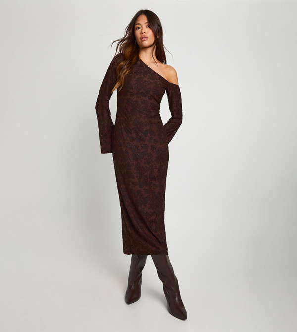 Burnout Floral Asymmetric Long Sleeves Midaxi Dress