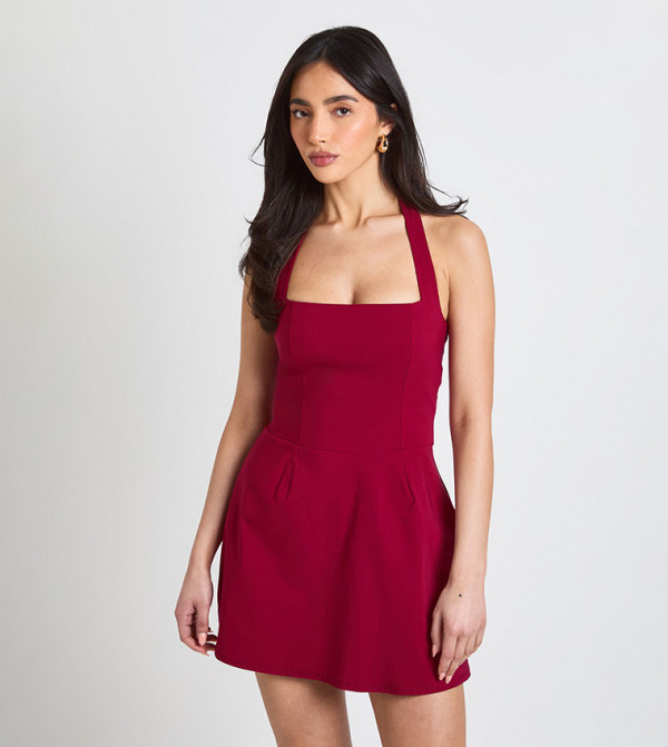 Solid Square Halterneck Mini Dress