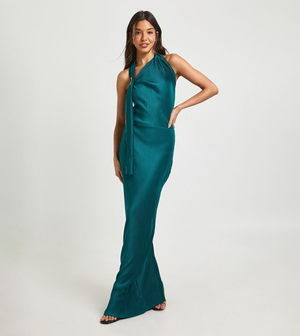 Plisse Halter Detail Column Maxi Dress