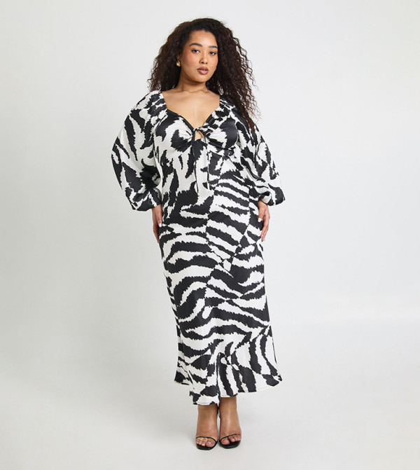 Curve Mixed Animal Volume Sleeves Satin Midaxi Dress