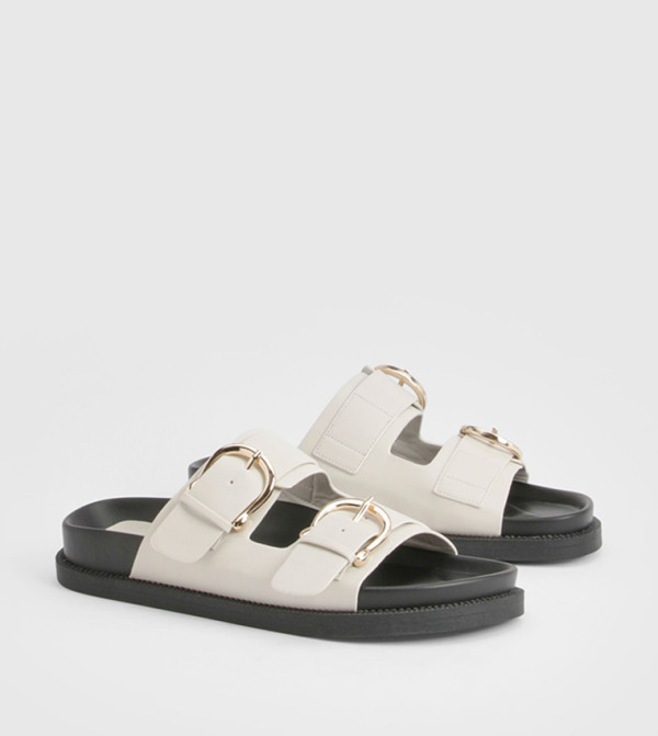 Double Strap Gold Buckle Detail PU Comfort Sandals
