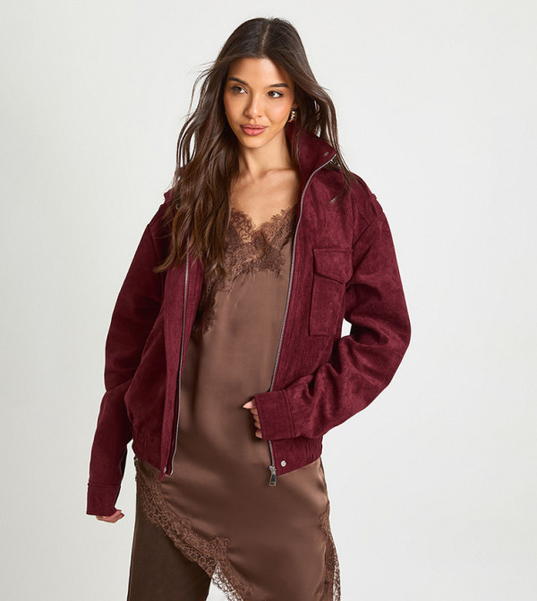 Funnel Neck Suede Pocket Detail Jacket