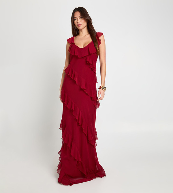 Chiffon Ruffle Strappy Maxi Dress