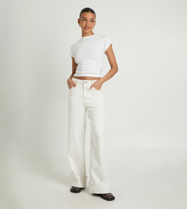 Turn Up Hem Twill Wide Leg Trousers