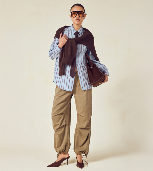 Seam Detail Drawstring Hem Twill Balloon Fit Trousers