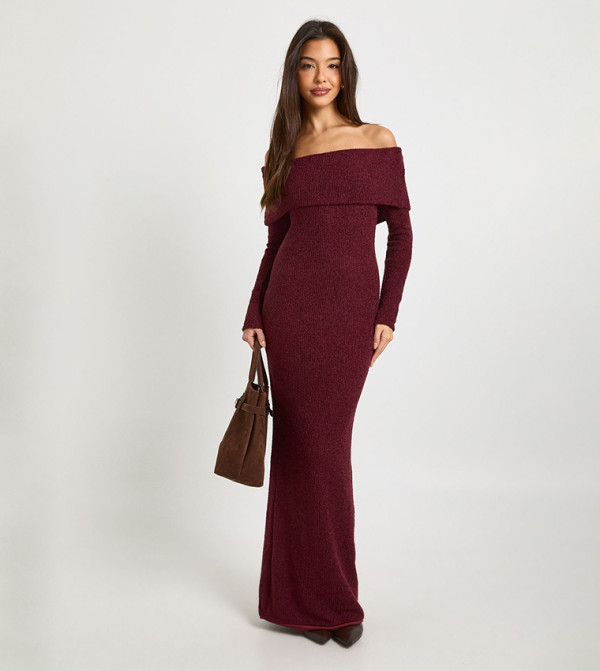 Textured Deep Bardot Maxi Dress