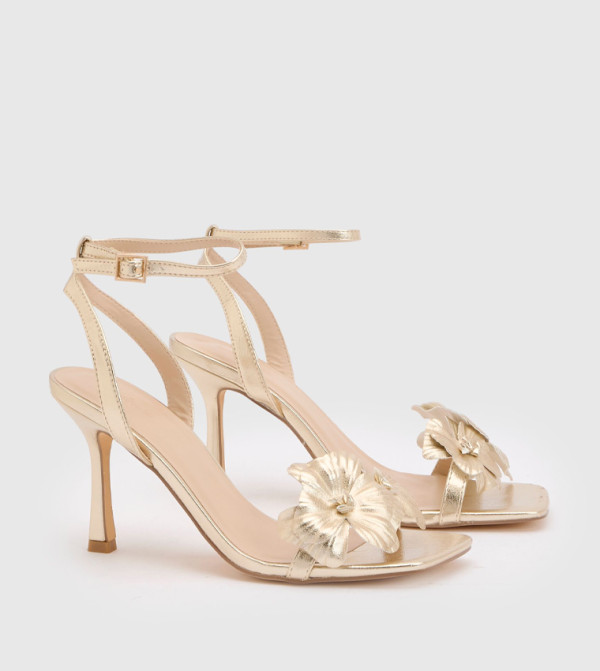 Flower Appliqued Stiletto Heeled Sandals