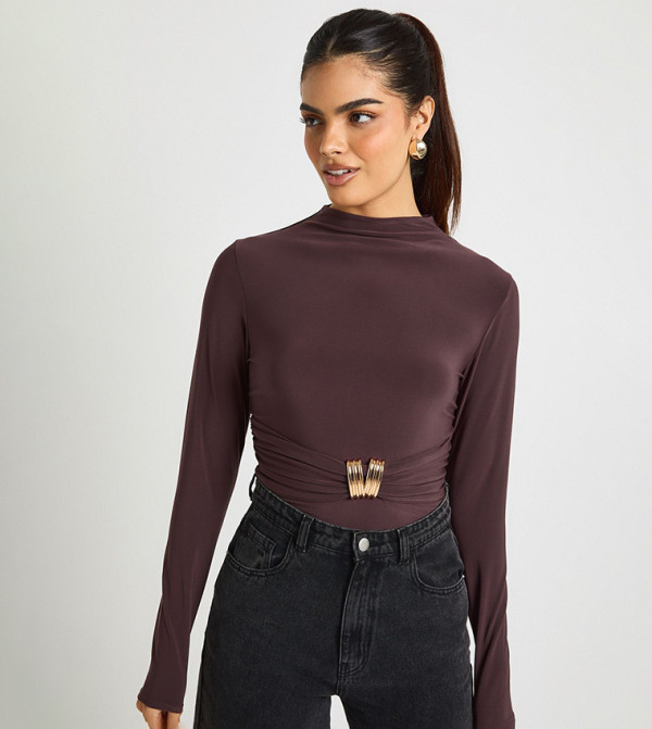 Trim Detail Grown On Neck Long Sleeves Top