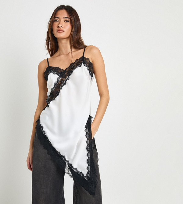 Satin Lace Contrast Longline Cami Top