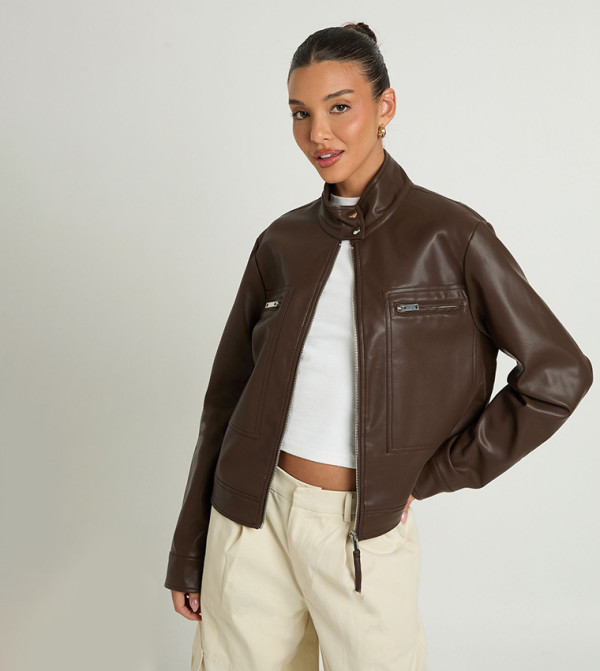 Faux Leather Button Up Collar Zip Pocket Jacket