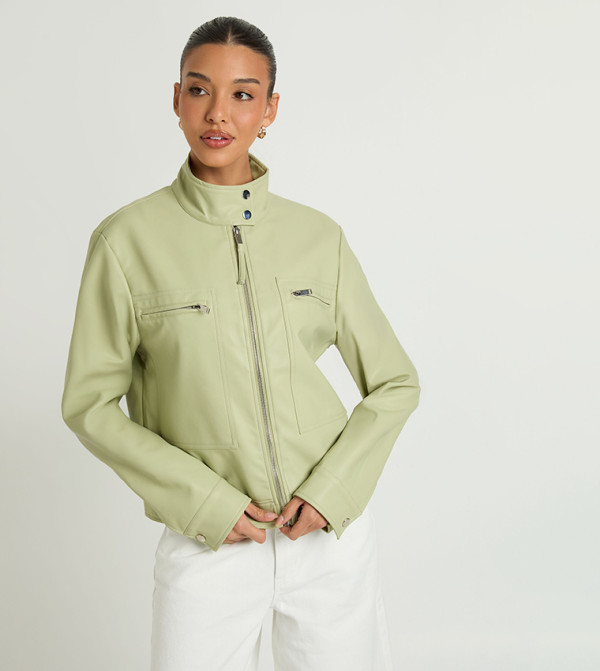 Faux Leather Button Up Collar Zip Pocket Jacket