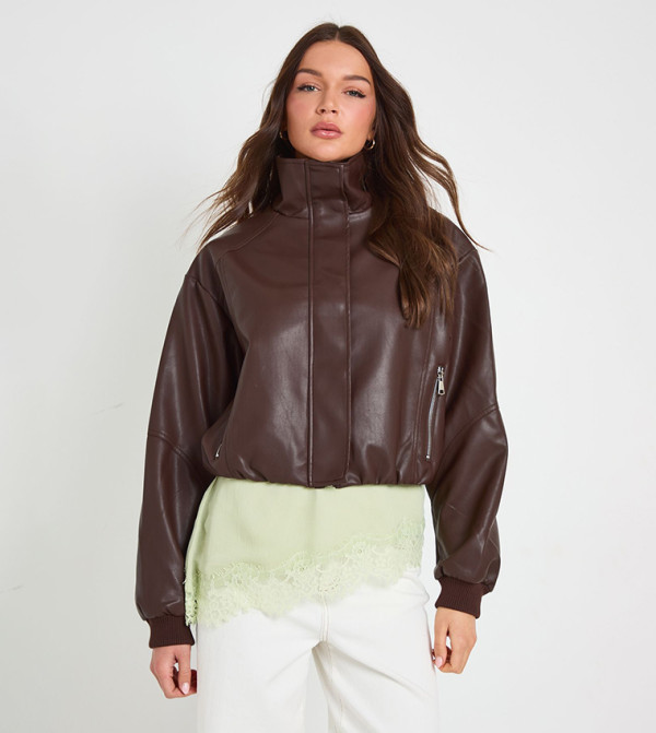 Funnel Neck Zip Pockets Faux Leather Jacket