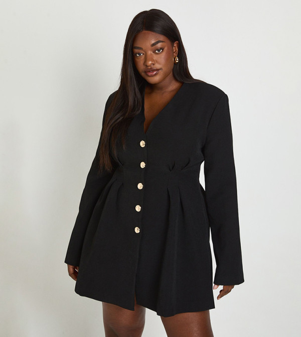 Curve Long Sleeves Collarless Tailored Mini Dress