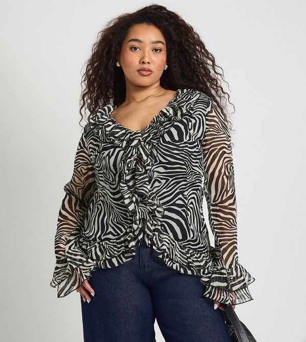 Curve Zebra Patterned Ruffled Top