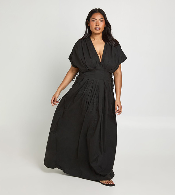 Curve Cotton Poplin Ruched Tie Waist Detail Maxi Dress