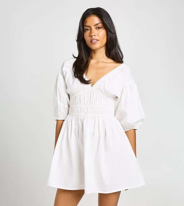 Poplin Shirred Bodice V-Neck Puff Sleeves Mini Dress