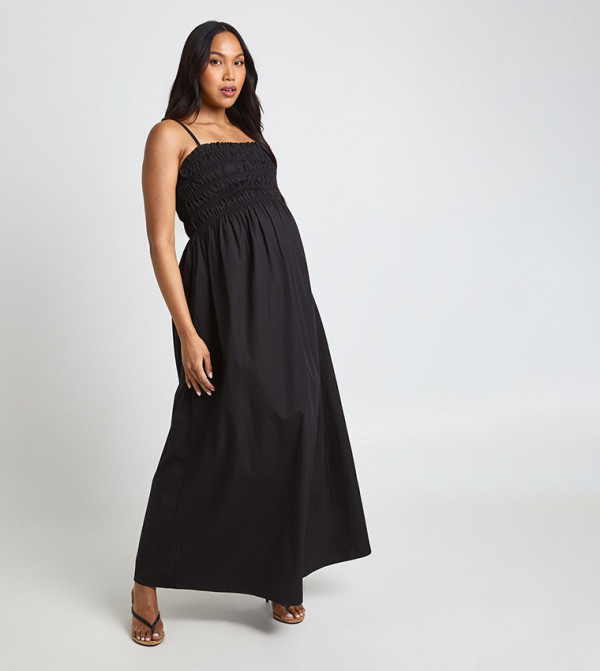 Maternity Poplin Shirred Strappy Maxi Dress