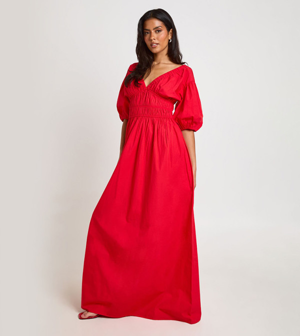 Cotton Poplin Shirred Bodice V-Neck Puff Sleeves Maxi Dress