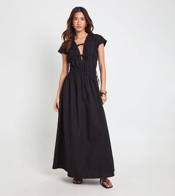 Poplin Shirred Front Tie Maxi Dress