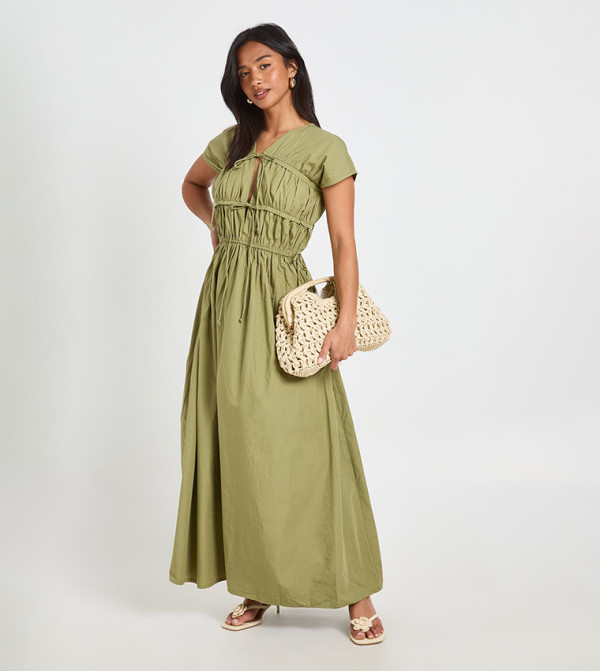 Petite Cotton Poplin Shirred Front Tie Maxi Dress