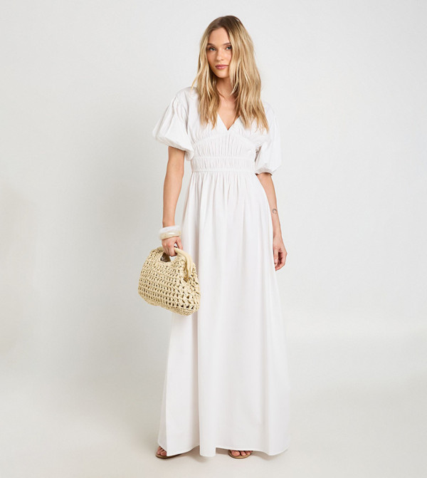 Petite Poplin Shirred Bodice V-Neck Puff Sleeves Maxi Dress