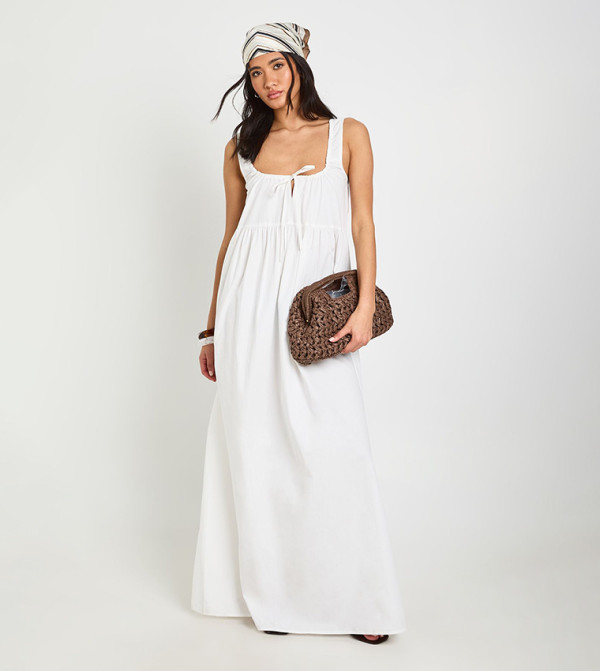 Tie Front Detail Smock Maxi Dress