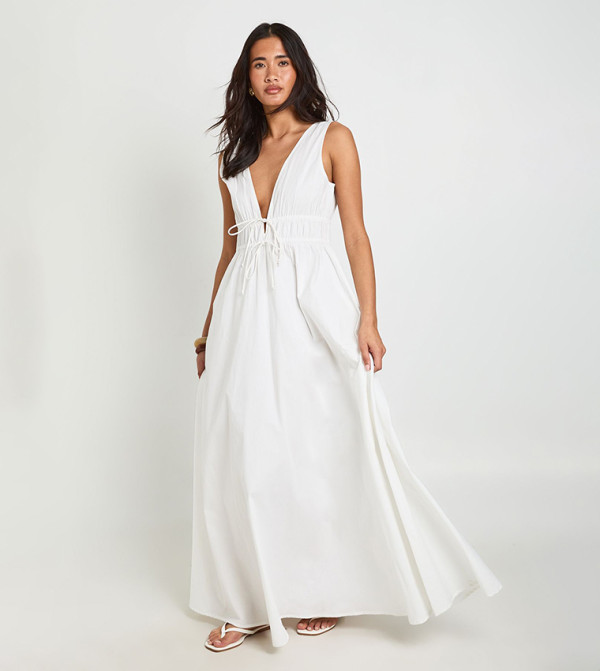 Deep V Front Tie Skater Maxi Dress