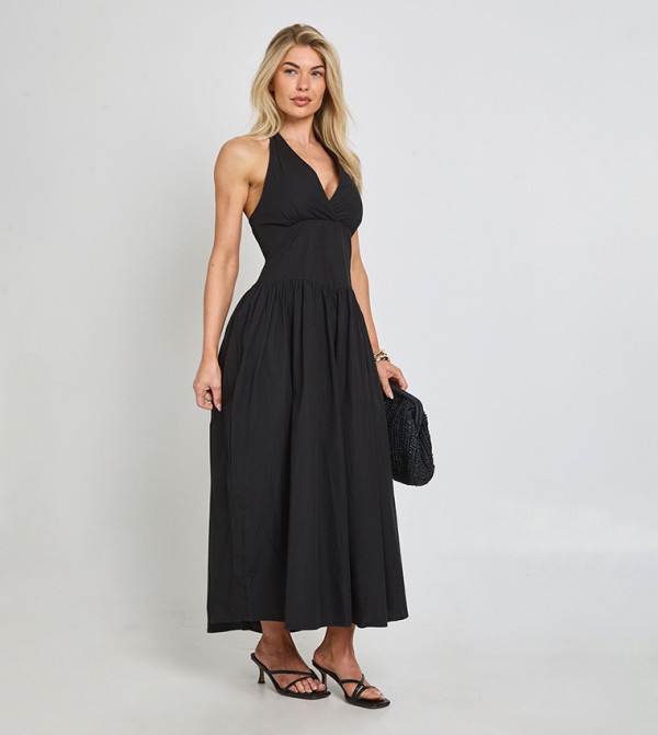 Poplin Halterneck Pleated Midi Dress