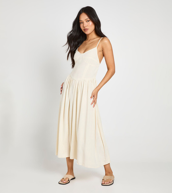 Petite Premium Linen Corset Detail Midi Skater Dress