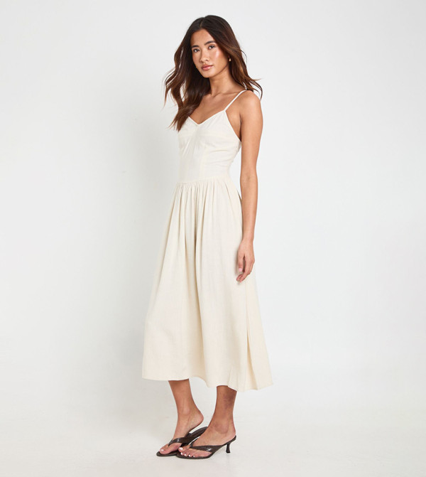 Premium Linen Corset Detail Skater Midi Dress