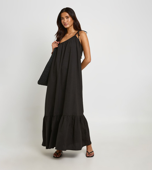 Beaded Tie One Shoulder Smock Maxi Dress