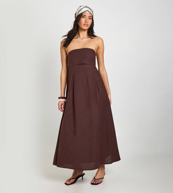 Linen Bandeau Shirred Back Midaxi Dress
