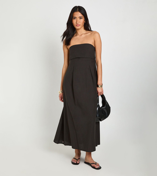 Linen Bandeau Shirred Back Midaxi Dress