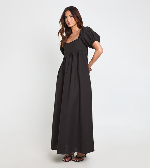 Linen Puff Sleeves Shirred Maxi Dress