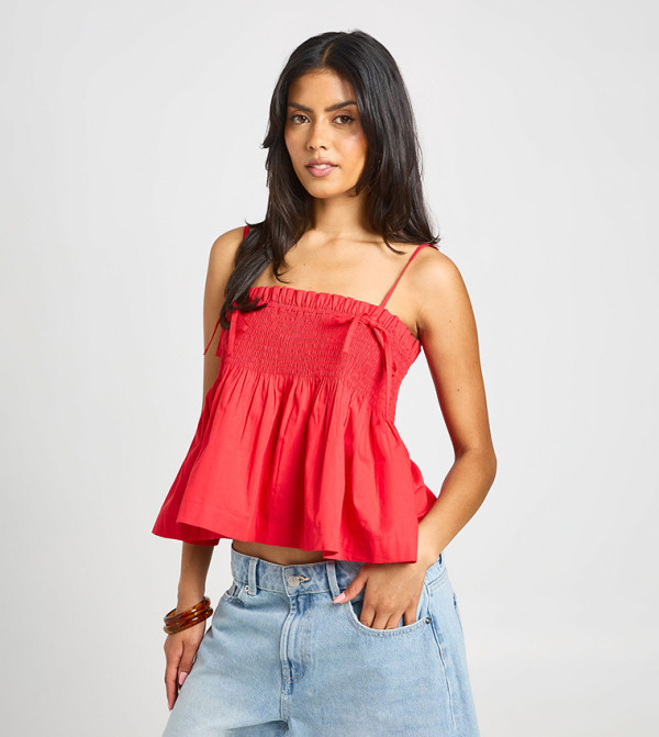 Tie Strap Shirred Peplum Top