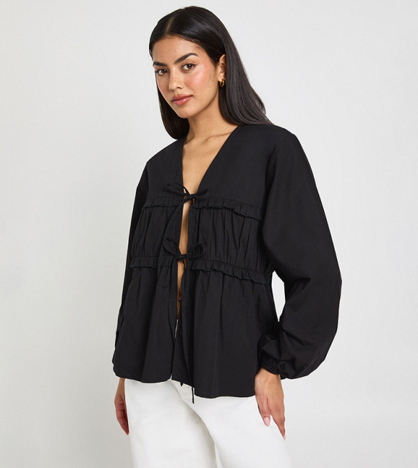 Tie Front Ruffle Poplin Top