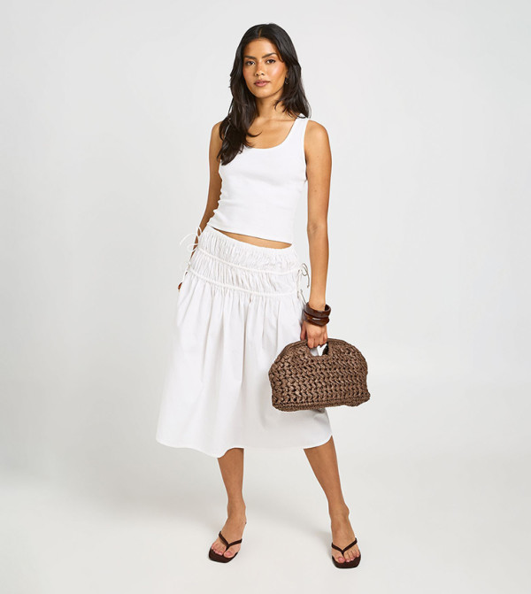 Poplin Shirred Waist Midi Skirt