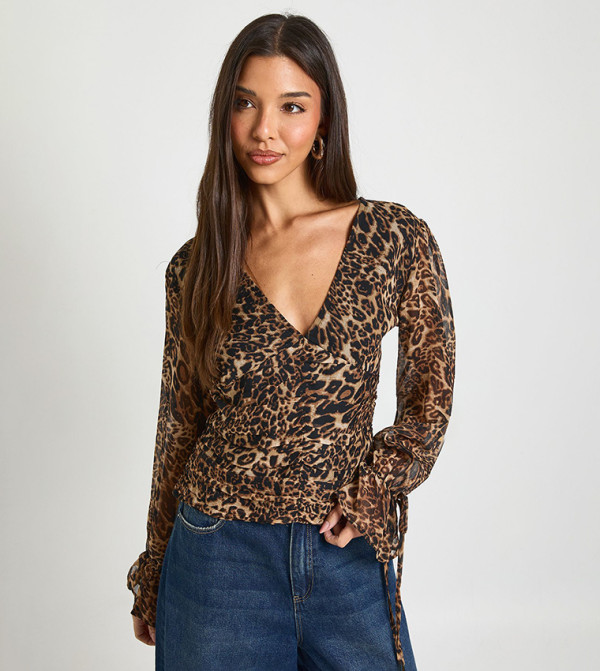 Leopard Patterned Chiffon Tie Cuff Top