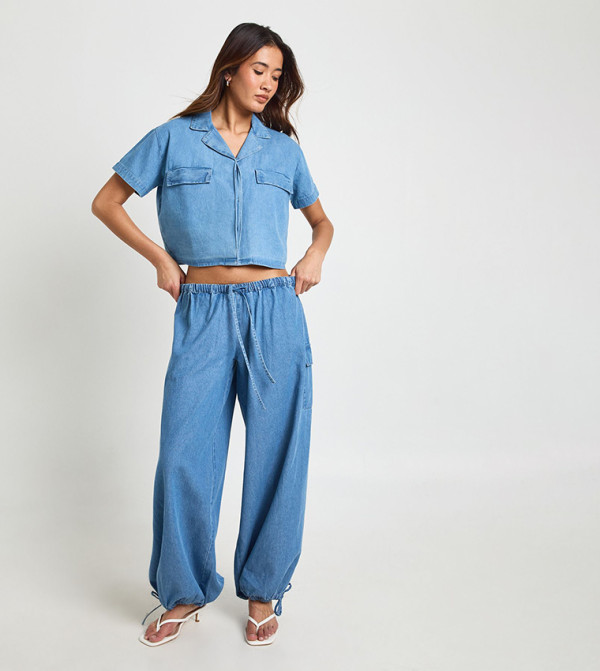 Chambray Short Sleeves Crop Shirt