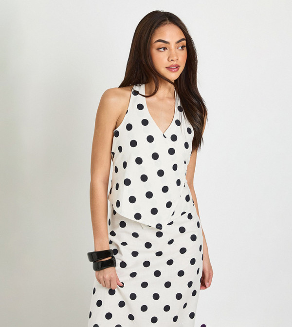 Polka Dots Linen Look Halterneck Wrap Top