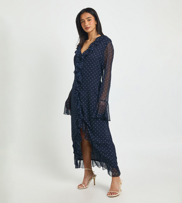Petite Chiffon Polka Dots Ruffle Detail Midi Dress