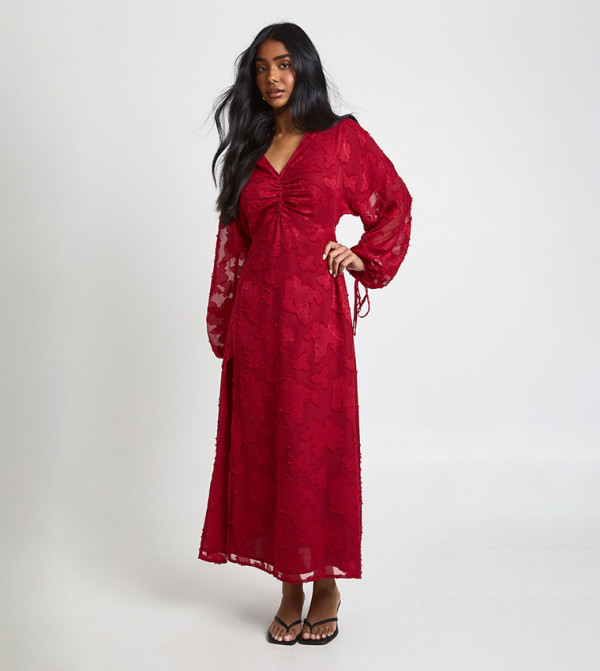 Floral Burnout Volume Sleeves Midi Dress