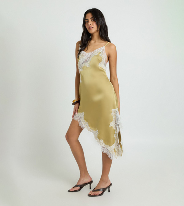 Satin Asym Hem Contrast Lace Midi Dress