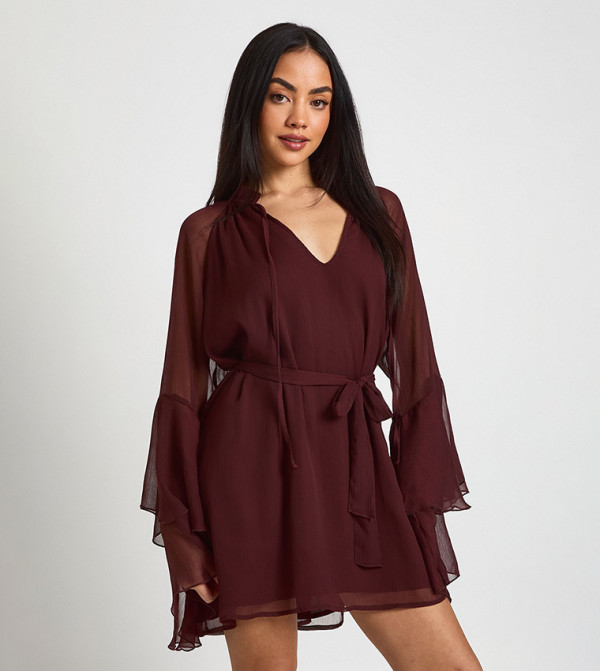 Chiffon Flared Sleeves Mini Dress