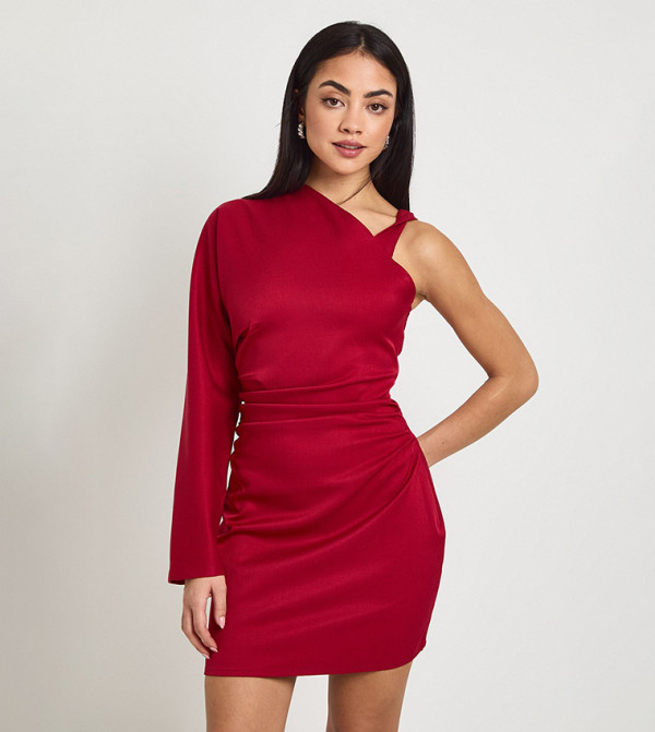 One Sleeves Ruched Side Mini Dress