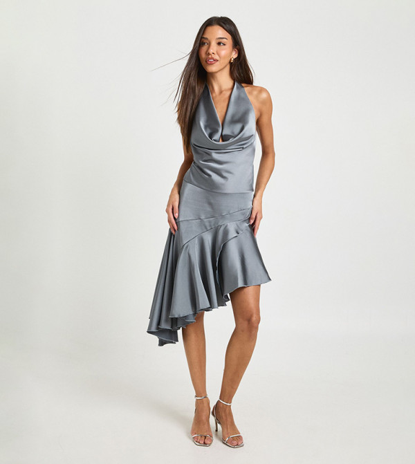 Satin Cowl Neck Asymmetric Hem Mini Dress