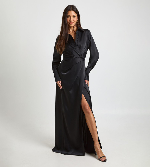 Satin Drape Waist Long Sleeves Maxi Shirt Dress